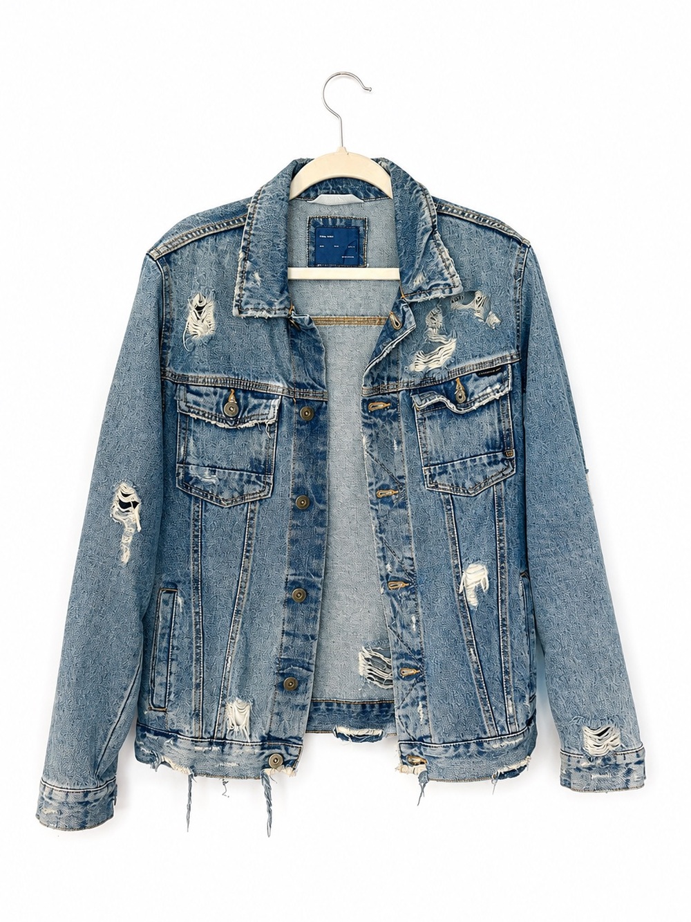 Zara Man Distressed Denim Jacket M Blue Graphic Back Print Vintage Y2K